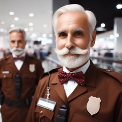 "An older gentleman with a white mustache working as a department store security guard wearing a brown uniform with a red spotted bow tie" (4)