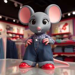 "A female talking mouse wearing Mister Mousters jeans who lives in a department store" (1)
