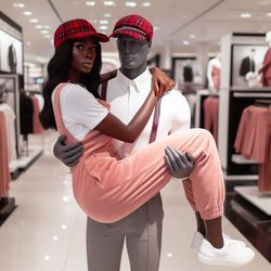 "A black woman wearing a pink jumpsuit carrying a white male mannequin wearing a white shirt, gray pants, a red plaid vest, and a red plaid gatsby cap that is magic in a department store" (1)