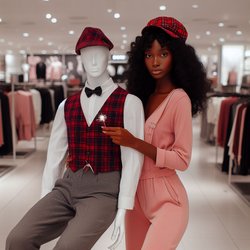 "A black woman wearing a pink jumpsuit carrying a white male mannequin wearing a white shirt, gray pants, a red plaid vest, and a red plaid gatsby cap that is magic in a department store" (2)