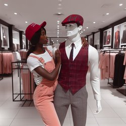 "A black woman wearing a pink jumpsuit carrying a white male mannequin wearing a white shirt, gray pants, a red plaid vest, and a red plaid gatsby cap that is magic in a department store" (3)