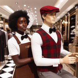 "A black woman wearing a brown bellhop uniform carrying a white male mannequin wearing a white shirt, gray pants, a red plaid vest, and a red plaid gatsby cap that is magic in a department store" (1)