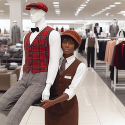 "A black woman wearing a brown bellhop uniform carrying a white male mannequin wearing a white shirt, gray pants, a red plaid vest, and a red plaid gatsby cap that is magic in a department store" (2)