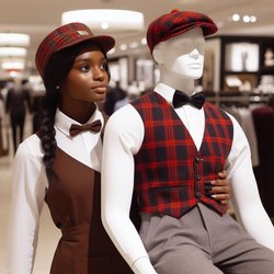"A black woman wearing a brown bellhop uniform carrying a white male mannequin wearing a white shirt, gray pants, a red plaid vest, and a red plaid gatsby cap that is magic in a department store" (4)