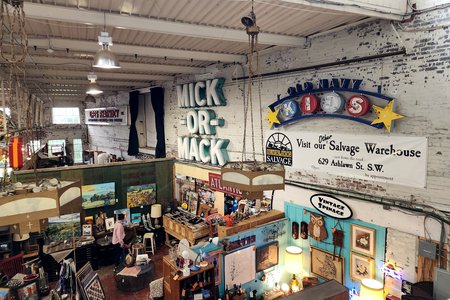 Overview of the signage wall from upstairs.