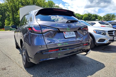 The HR-V, all marked up for its time in the body shop.