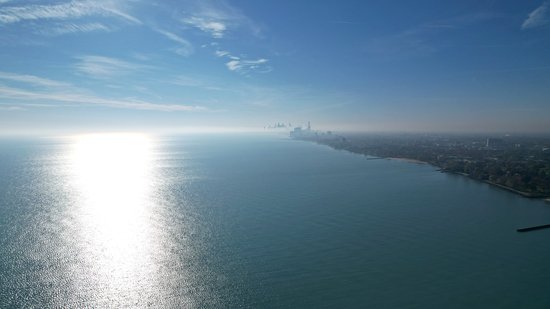 On the morning of the 5th, I took the drone out for a flight over Clark Beach in Evanston.  This view shows the lake shore facing south.  The skyline of Chicago is visible in the distance.