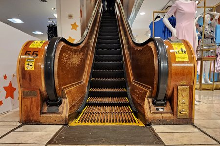Wooden escalators at Macy's Herald Square