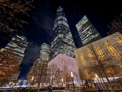 One World Trade Center and surrounding buildings.