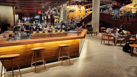 A large coffee bar at the Starbucks Reserve.  There were other bars as well, some of which served adult beverages.