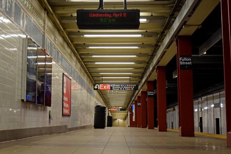 Low angle view of a platform at Fulton Street.