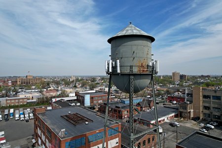 Close-up of the water tower in the middle of the property.