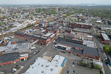 View from a little bit further out, showing it in context with the town, with the New York skyline off in the distance.