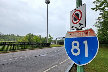 First southbound reassurance shield for I-81, just past the duty-free store.  I found it curious that the first southbound reassurance shield for I-81 was in Canada, but it made sense, because by the time you reach this sign, you had passed the point of no return, and were going into the USA.