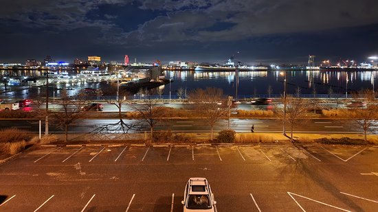 Parking lots along Columbus Boulevard, the Delaware River, and then the USS New Jersey in Camden.