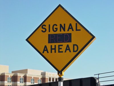 "SIGNAL AHEAD" sign, with "RED" in LEDs for when the light was red.  I would come back to this sign on a later visit to photograph it at night with "RED" illuminated.