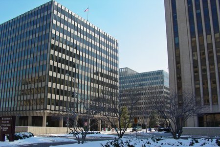 1960s-era office buildings in Crystal City.  Back then, the buildings in Crystal City had names, but they were renamed in 2004 in order to reflect more modern urban design philosophies in a remarketing of Crystal City, with their new names reflecting their new street addresses.