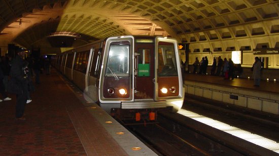 A Breda car leads a Green Line train traveling towards Greenbelt arrives at L'Enfant Plaza.  Again with the flash in front of an oncoming train.  Meanwhile, this would be a decent photo, except for that dust particle that my flash illuminated near the middle of the shot.