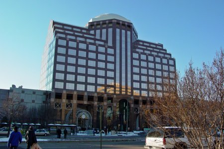 Washington Tower, the office building over the front part of Pentagon City Mall, photographed from across the street.  The mall carried this building's architectural style into the interior of the facility, with rooftop dome's appearing in other places throughout.