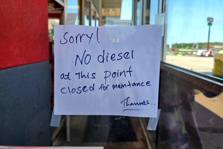 Sign on the door at the Flying J truck stop in Breezewood.  This location was run by an independent operator, and it was just sad.  The fuel pumps were down, and the convenience store had a lot of disused areas.