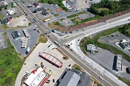 Intersection of I-70 and US 30.  The I-70 freeway really does end at a traffic light, and to continue westbound on I-70 requires going through the Breezewood strip.