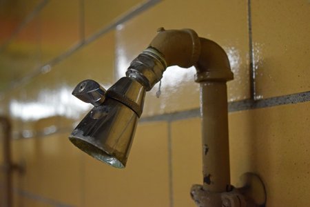 Showerhead on the opposite side of the same restroom.