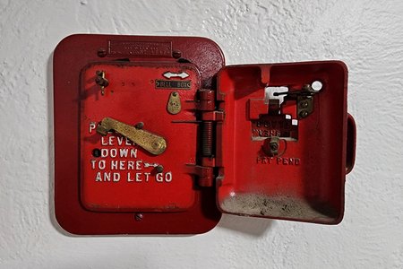A vintage fire alarm in one of the buildings that we checked out with Jared.