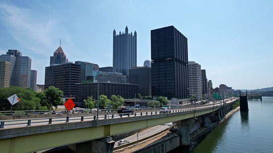 Downtown Pittsburgh, just east of the Fort Pitt Bridge and facing east.