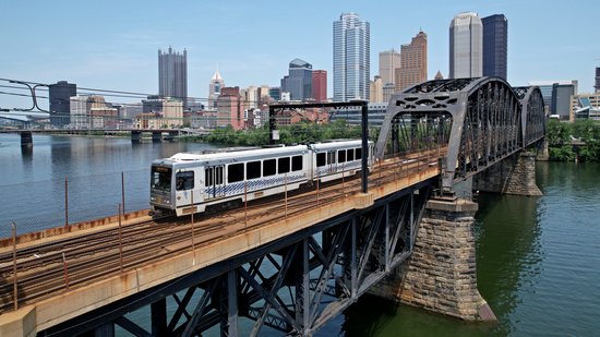 Car 4328, a CAF LRV, on the Panhandle Bridge.