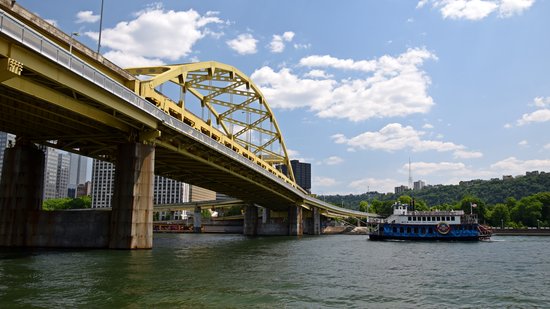 The Fort Duquesne Bridge, viewed from the north shore of the Allegheny River.