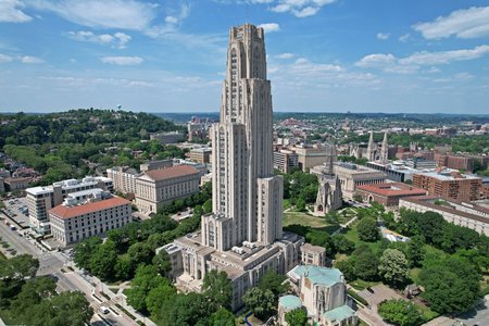 The Cathedral of Learning, viewed from the air.  Only when you see it by drone can you really see how much of an outlier the Cathedral is compared to its surrounding area.