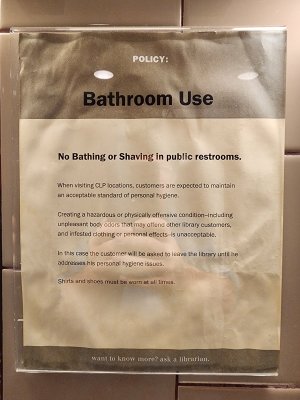 This sign was in the men's room at the East Liberty branch of the Carnegie Library of Pittsburgh, across the street from the church.  This sign concerned me a bit, because it seems to be a way to exclude the homeless, who may not have any way to rectify these conditions.  There was a similar sign at the library branch on Grandview Avenue as well.