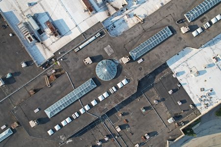 Straight-down view of the mall's skylights.  It had been suggested the day before that due to a recent fire at the mall, I might have been able to drop the drone into the mall through the skylights for some interior photos, but upon investigation of the skylights, I found them to be fully intact.