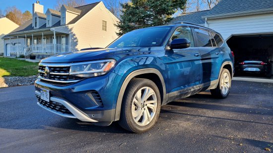 The rental car, a blue Volkswagen Atlas.