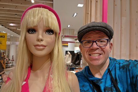 Selfie with a Barbie mannequin on the first floor.