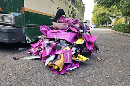 Our pile of vinyl when we were done unwrapping the bus.