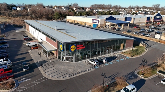 The Lidl store in Culpeper.  I've wanted to get this style of Lidl store with the arched roof for a while, but Lidl is really weird about people photographing their stores, so I put the drone in the air to get my shots, flying from across the street.  In other words, good luck finding me, and if you do, buzz off, because I'm not on your property.