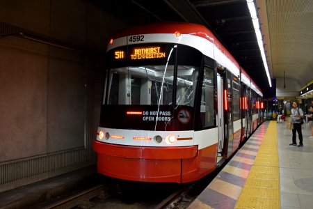 Car 4592, properly berthed at Spadina station.