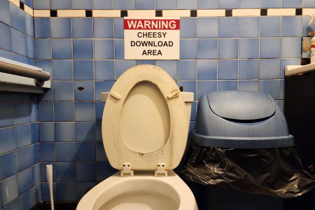 That "Cheesy Download Area" sign over the commode just slayed me.