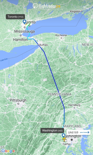 Our route from Dulles to Toronto