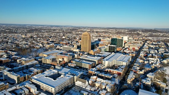 Aerial view of downtown Allentown, with the PPL Building at center.