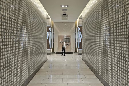 Another view of one of those gaudy looking bathroom corridors.  Someone needs to tell them that less is more.