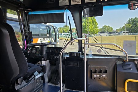 Operator's compartment of 700.  The dashboard is laid out a little bit differently than on the Orion Vs that I used to drive, but it still looked quite familiar.