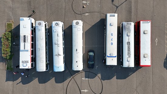 Buses parked in a shopping center in Willingboro, New Jersey.