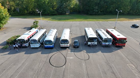 Buses parked in a shopping center in Willingboro, New Jersey.