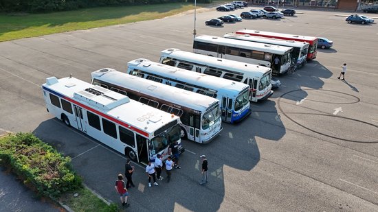 Buses parked in a shopping center in Willingboro, New Jersey.