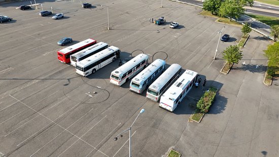 Buses parked in a shopping center in Willingboro, New Jersey.