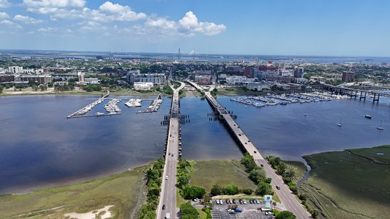 The two bridges that carry US 17 over the Ashley River.  The bridge to the left is the Ashley River Memorial Bridge and carries southbound traffic, while the one to the right is the T. Allen Legare Bridge, and carries northbound traffic.