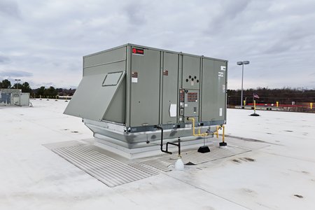 HVAC unit on the roof of the Amazon delivery hub, housed in Kmart's final Waynesboro location.