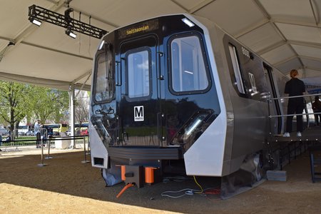 The front of the 8000 end of the mockup.  Note the smaller Metro logo compared to the 7000s, and all-LED lighting on the car.  This end is lit up as if it was active as the operating cab - thus the headlights and running lights.